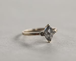 Image of 18ct gold, marquise cut 'Salt and Pepper' diamond, trilogy ring (LON125)