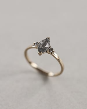 Image of 18ct gold, marquise cut 'Salt and Pepper' diamond, trilogy ring (LON125)