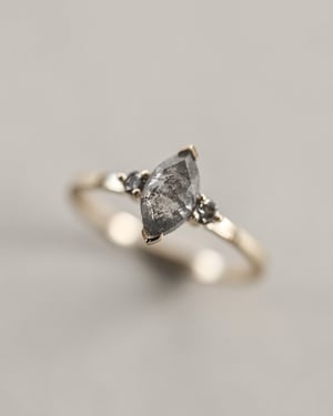 Image of 18ct gold, marquise cut 'Salt and Pepper' diamond, trilogy ring (LON125)