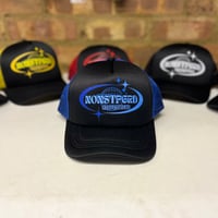 Image 2 of Black/Blue soft-shell trucker