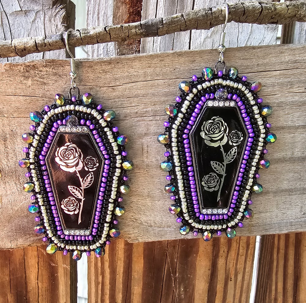 Image of Rose Coffin Beaded Earrings - Purple 