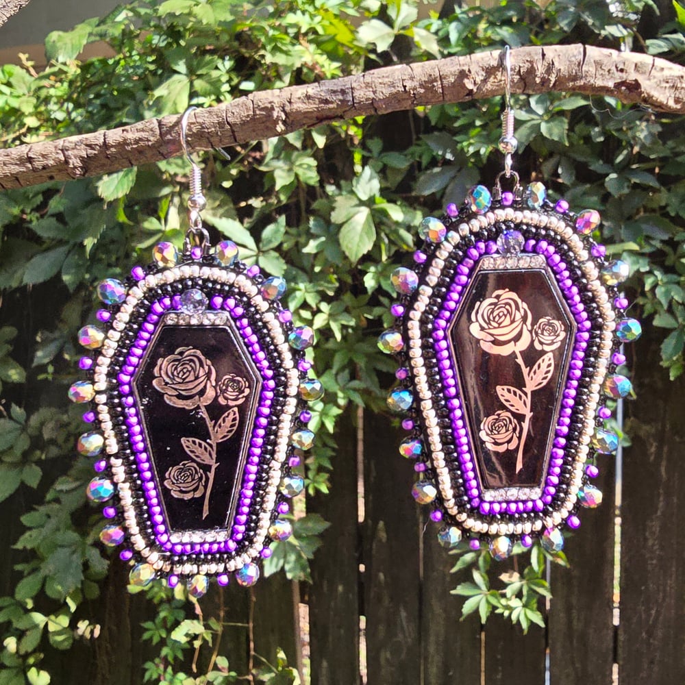 Image of Rose Coffin Beaded Earrings - Purple 