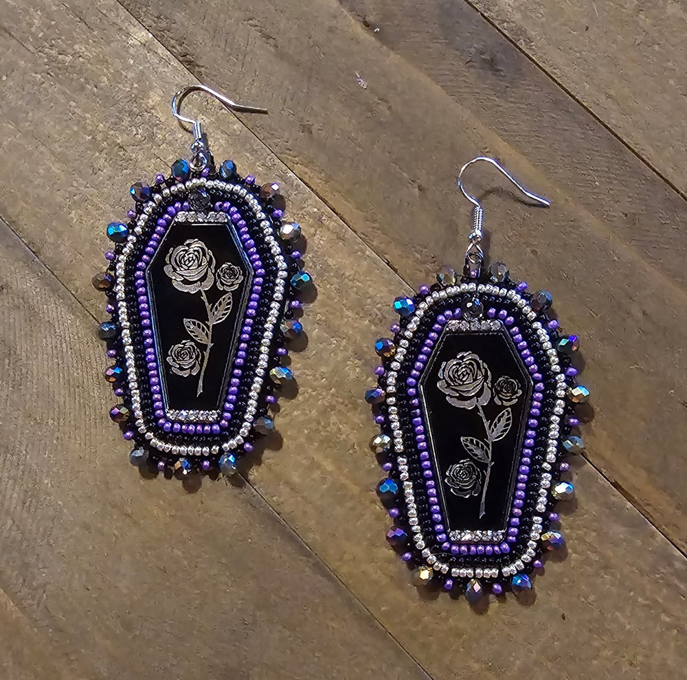 Image of Rose Coffin Beaded Earrings - Purple 