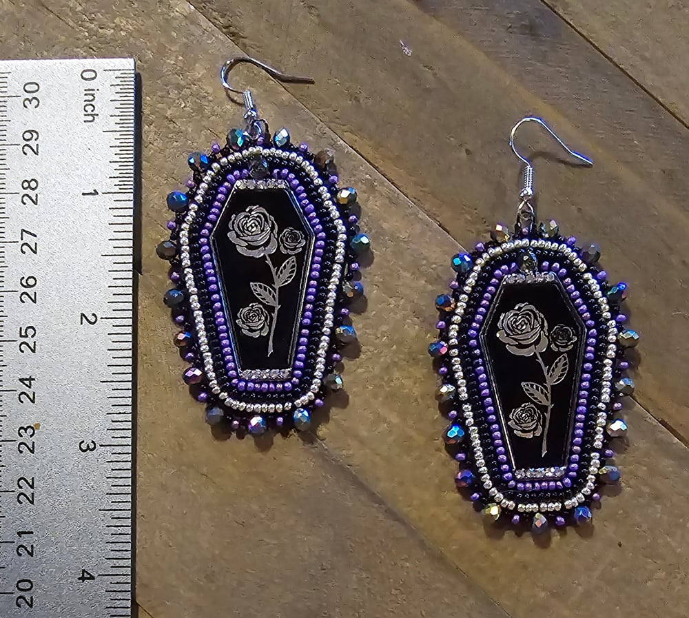 Image of Rose Coffin Beaded Earrings - Purple 