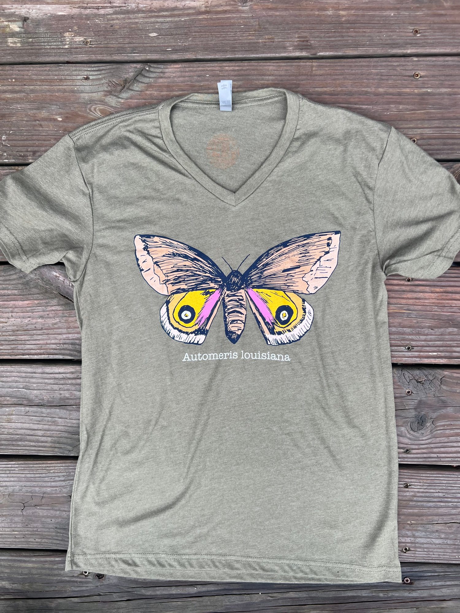 Image of Adult Louisiana Eyed Silkmoth in Military Green V Neck