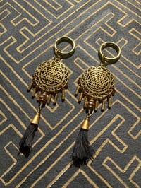 Image 1 of Gold plated SriYantra ear weights with cotton tassel