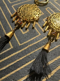 Image 2 of Gold plated SriYantra ear weights with cotton tassel