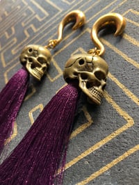 Image 2 of Replica skull antique brass with silk tassel ear weights 