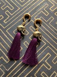 Image 1 of Replica skull antique brass with silk tassel ear weights 