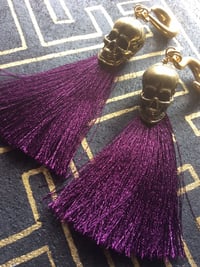 Image 3 of Replica skull antique brass with silk tassel ear weights 