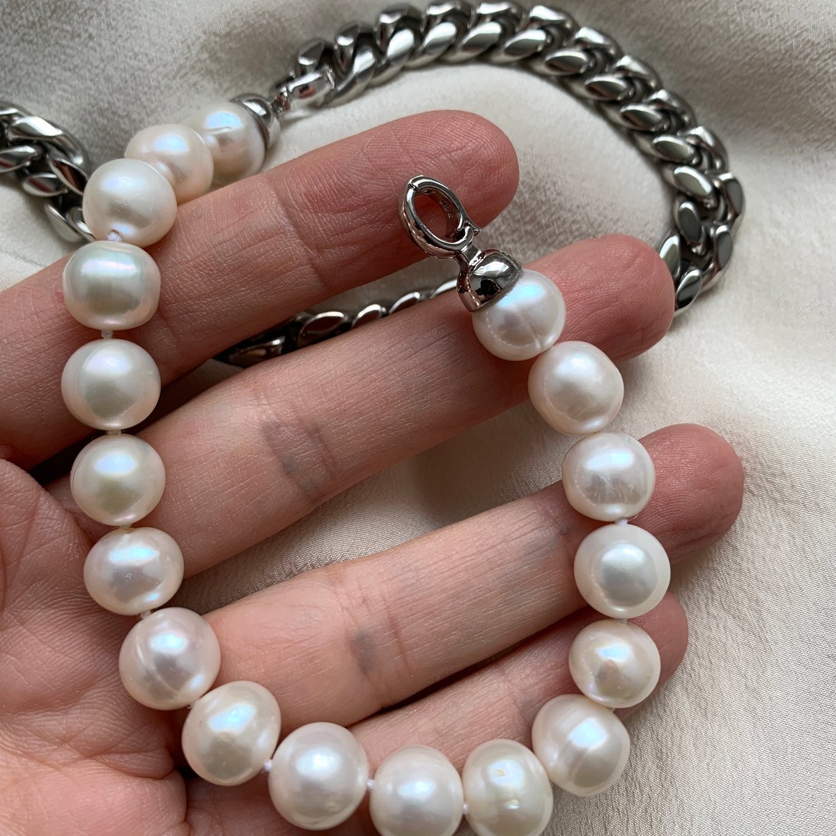 Image of Big natural pearls and steel chain necklace