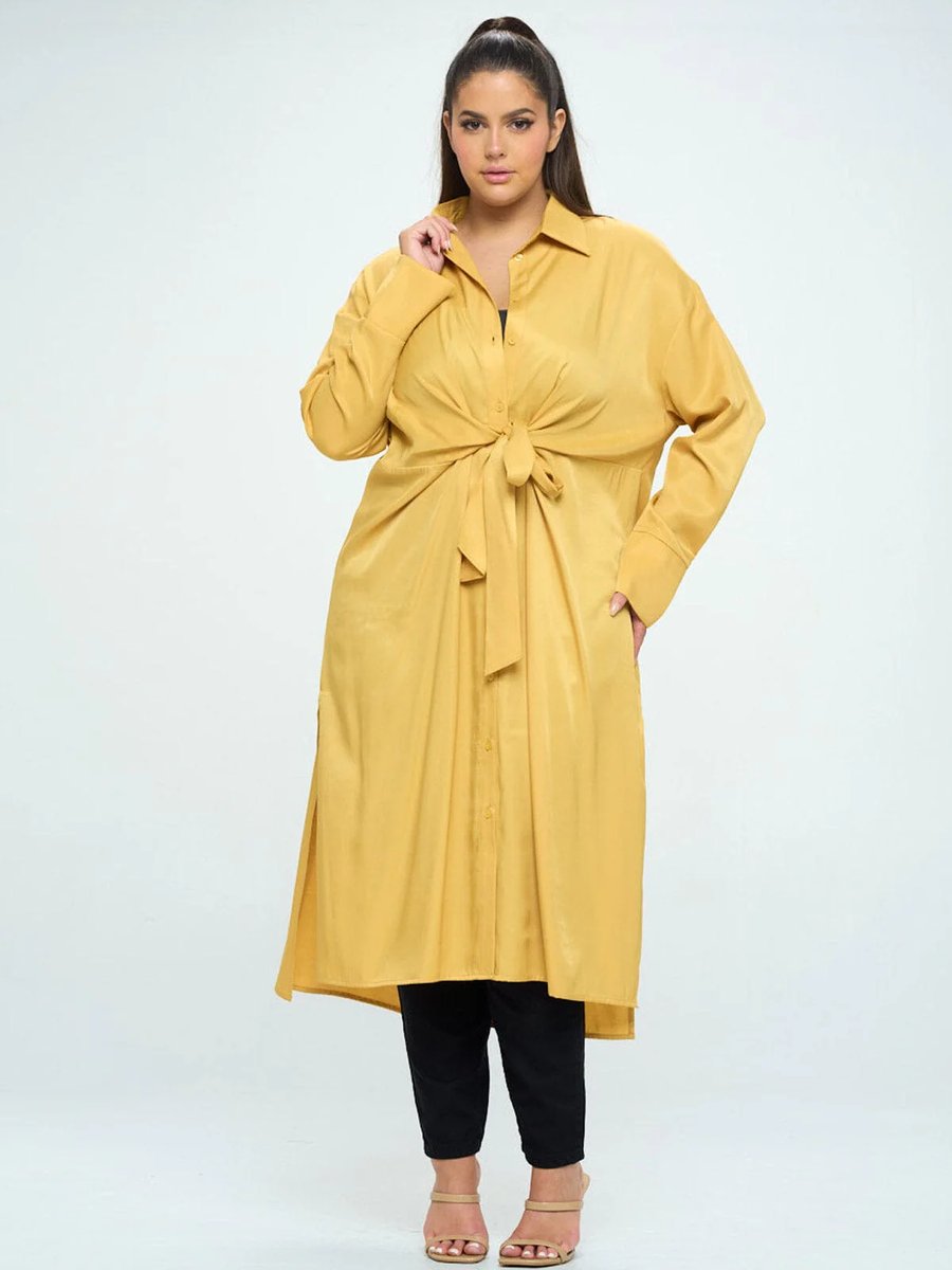 Image of 3PACK PLUS SIZE LONG SLEEVE BUTTON UP SELF TIE TUNIC TOP-MUSTARD