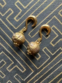 Image 1 of Vintage engraved lucky toad brass bead ear weights 