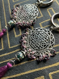 Image 2 of Silver plated beaded Sri Yantra tassel ear weights 