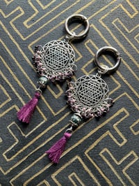 Image 1 of Silver plated beaded Sri Yantra tassel ear weights 