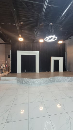 Image of 8 ft  W  X  8 ft  H  / 5 W X 6Ft H.    White Wood Backdrop- Rainbow Panel 