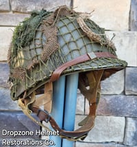 Image 9 of WWII M2 101st Airborne 502nd PIR Helmet D-bale Front Seam Paratrooper Liner NCO Net & Scrim.