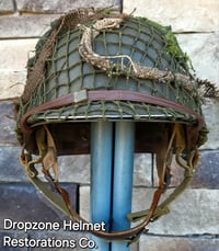 Image 11 of WWII M2 101st Airborne 502nd PIR Helmet D-bale Front Seam Paratrooper Liner NCO Net & Scrim.