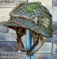 Image 7 of WWII M2 101st Airborne 502nd PIR Helmet D-bale Front Seam Paratrooper Liner NCO Net & Scrim.