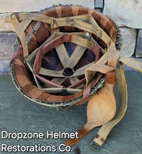 Image 15 of WWII M2 101st Airborne 502nd PIR Helmet D-bale Front Seam Paratrooper Liner NCO Net & Scrim.