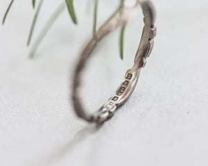 Image of 2mm width, 18ct White gold, floral carved 'wishbone shaped' ring.