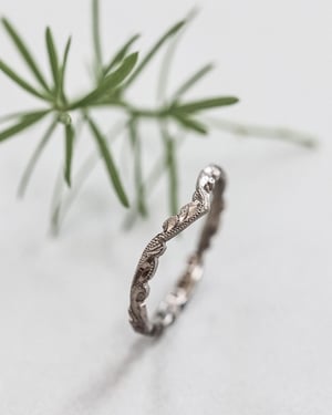 Image of 2mm width, 18ct White gold, floral carved 'wishbone shaped' ring.