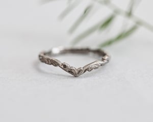 Image of 2mm width, 18ct White gold, floral carved 'wishbone shaped' ring.