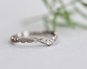 Image of 2mm width, 18ct White gold, floral carved 'wishbone shaped' ring.