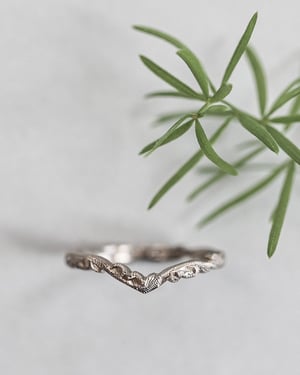 Image of 2mm width, 18ct White gold, floral carved 'wishbone shaped' ring.