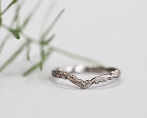 Image of 2mm width, 18ct White gold, floral carved 'wishbone shaped' ring.