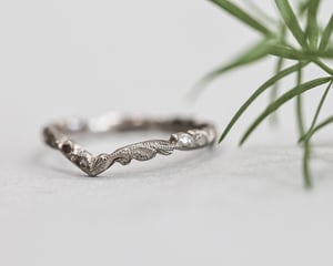 Image of 2mm width, 18ct White gold, floral carved 'wishbone shaped' ring.