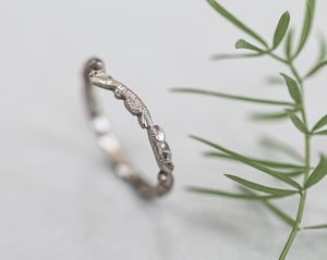 Image of 2mm width, 18ct White gold, floral carved 'wishbone shaped' ring.