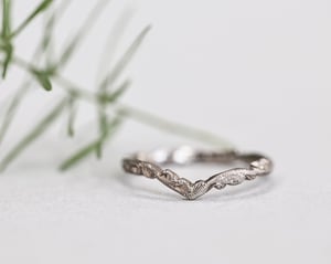 Image of 2mm width, 18ct White gold, floral carved 'wishbone shaped' ring.