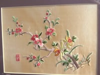 Image 2 of Vintage Oriental Floral Embroidery on Silk, Framed Size 14 3/4 x 11 8/10 ins 