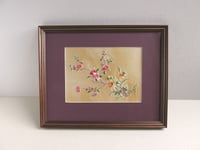 Image 1 of Vintage Oriental Floral Embroidery on Silk, Framed Size 14 3/4 x 11 8/10 ins 