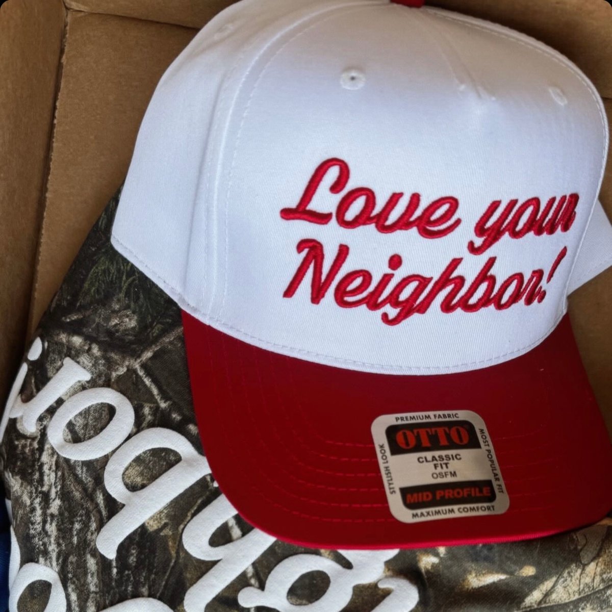 Image of love your neighbor embroidered hat - red / white