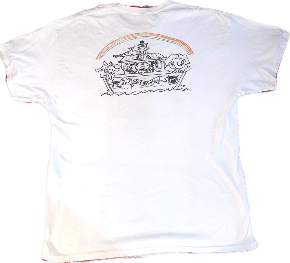 Image of fruity noah’s ark shirt- XL on white tee