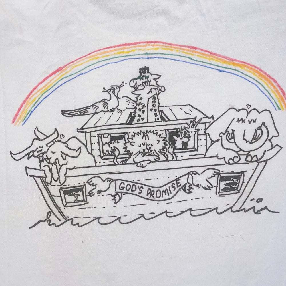 Image of fruity noah’s ark shirt- XL on white tee