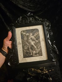 Image 1 of "SATAN CHAINED" 1800s Bible Page With Incredible Ornate Frame And Preserved Web