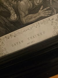 Image 2 of "SATAN CHAINED" 1800s Bible Page With Incredible Ornate Frame And Preserved Web