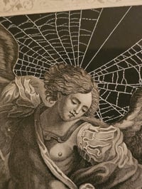 Image 3 of "SATAN CHAINED" 1800s Bible Page With Incredible Ornate Frame And Preserved Web