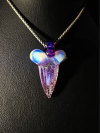 Image 2 of Karmaline/moonstone dichroic shark tooth pendant with a royal jelly bale.