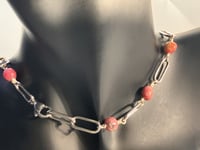 Image 2 of Stainless & Stone Harmony | Red Natural Rhodonite Raw Beads + Stainless Steel Paper Clip Necklace