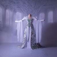 Image 1 of White Wedding Dress with Ivy Print - Elven, Viking, Fantasy, Pagan Bridal Gown, Bell Sleeves - Perfe