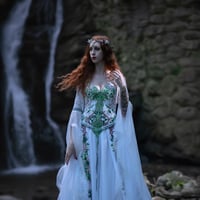 Image 5 of White Wedding Dress with Ivy Print - Elven, Viking, Fantasy, Pagan Bridal Gown, Bell Sleeves - Perfe