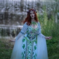 Image 3 of White Wedding Dress with Ivy Print - Elven, Viking, Fantasy, Pagan Bridal Gown, Bell Sleeves 