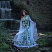 Image 6 of White Wedding Dress with Ivy Print - Elven, Viking, Fantasy, Pagan Bridal Gown, Bell Sleeves 