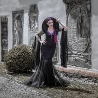 Image 2 of Gothic Mermaid Dress: Purple Black Lace & Sparkling Guipure with Glass Gems, Bell Sleeves