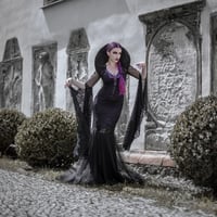 Image 4 of Gothic Mermaid Dress: Purple Black Lace & Sparkling Guipure with Glass Gems, Bell Sleeves