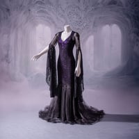 Image 1 of Gothic Mermaid Dress: Purple Black Lace & Sparkling Guipure with Glass Gems, Bell Sleeves